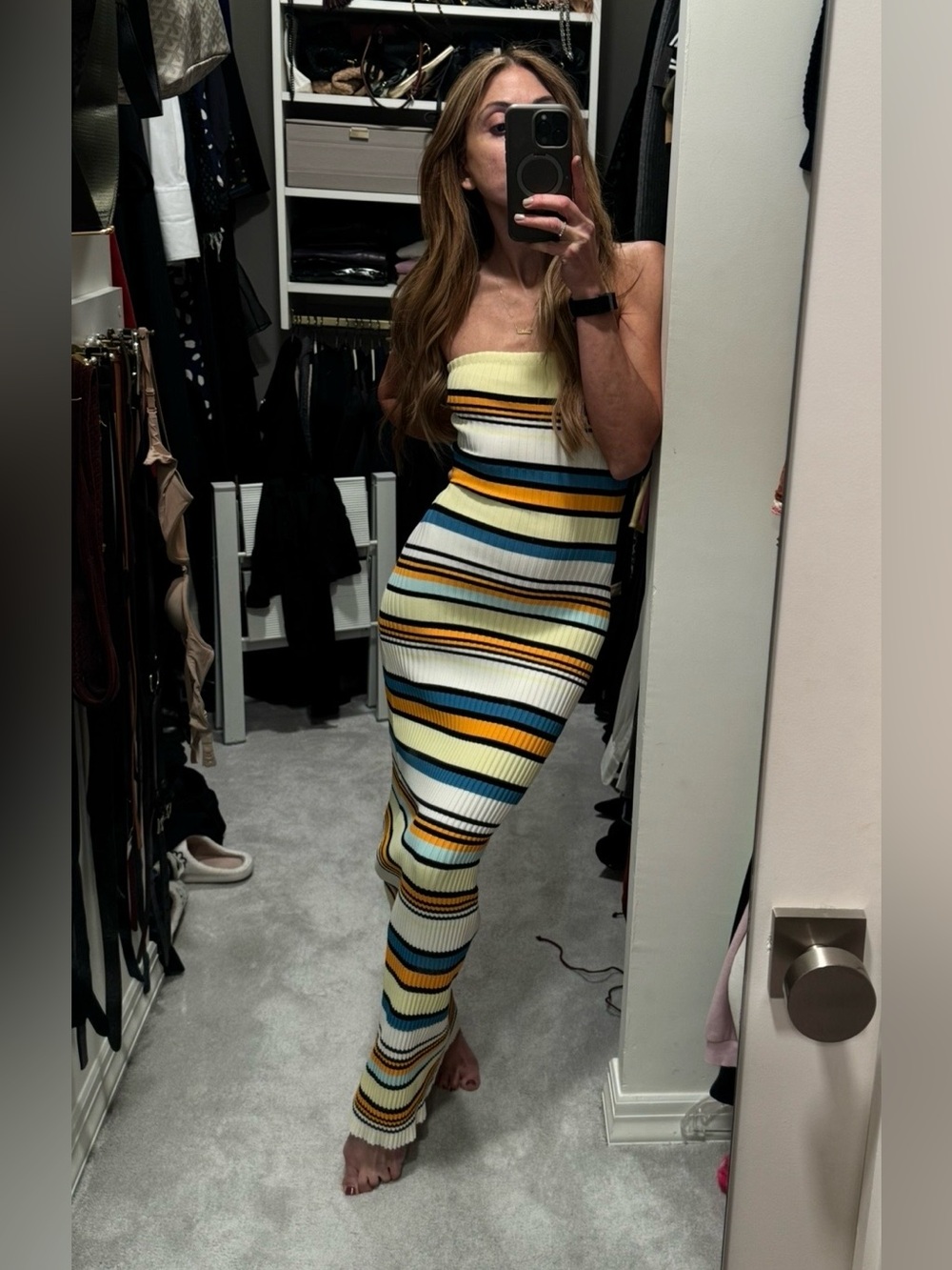 SOLID & STRIPED Strapless Ribbed Maxi Dress in Yellow, Blue & White